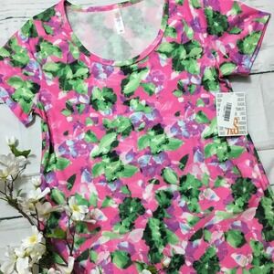 LuLaRoe Classic T Shirt Bright Floral Print Pink Green XS NWT Scoop Neck